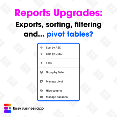 Reports in Easy Business App - now with exports, sorting, filtering and pivot tables